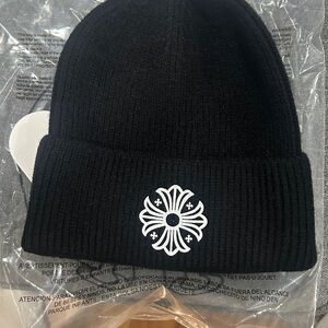 Chrome Hearts Black Beanie with White Floral Cross Graphic